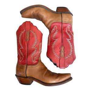 Vintage Lucchese 1883 Cowboy Boots Tan Red Leather Western Snip Toe Size 7B